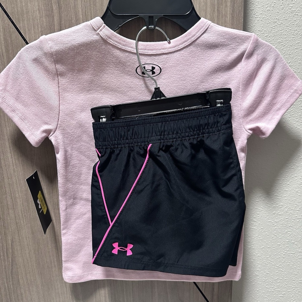 Under Armour Girls 6-7Y 2pc Short Set Graphic Tee Woven Shorts Pink/Black - Picture 4 of 4